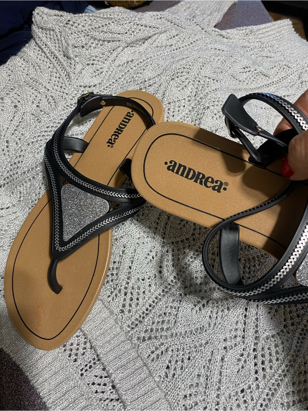 ANDREA FENZI Black and Tan Women's T-Strap Sandals with Silver Trim